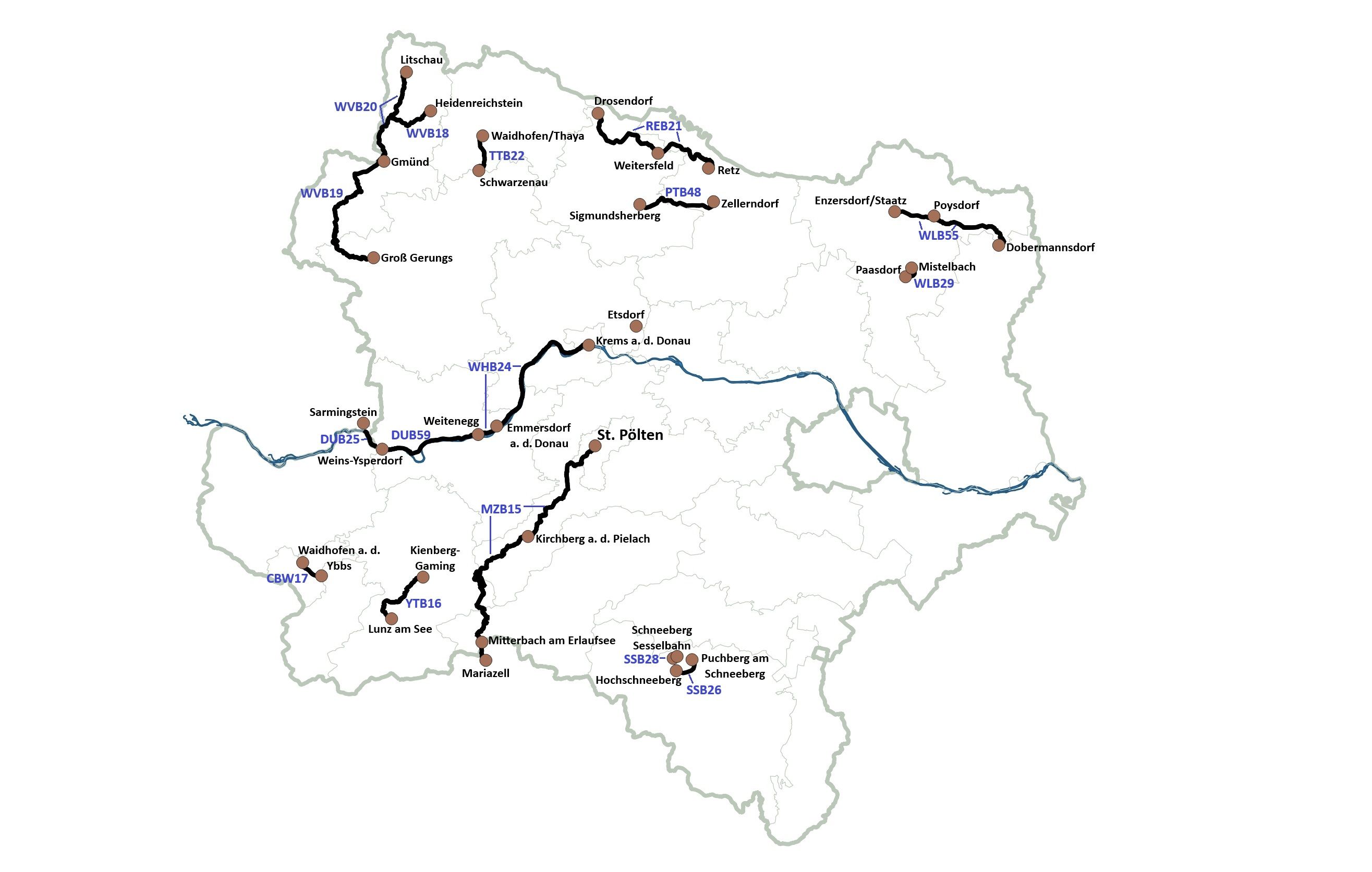 Schematische Karte Niederösterreichs mit den Bahnstrecken der NÖVOG, ausgewählten Orten und den jeweiligen Streckenbezeichnungen.
