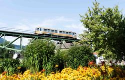 Citybahn Waidhofen im Sommer auf dem Viadukt.