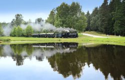 Dampfzug Waldviertelbahn im Sommer. Im Vordergrund sieht man einen Teich, im Hintergrund die typische und urtümliche Landschaft des Waldviertels mit seinen bewaldeten Hügeln.