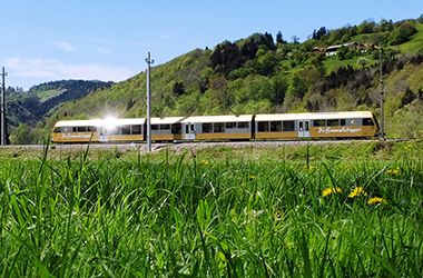 Goldener Regionalzug fährt hinter einer grünen Wiese durch eine hügelige Landschaft.